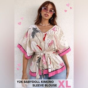 New York & Company Pink and Cream Babydoll Kimono Sleeve Y2K Blouse